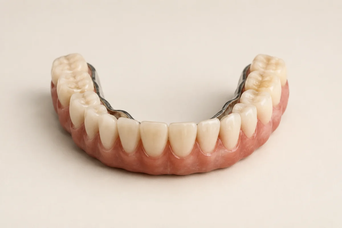 Illustration of a hybrid full-arch bridge with ivory acrylic teeth, a pink base and a titanium framework.