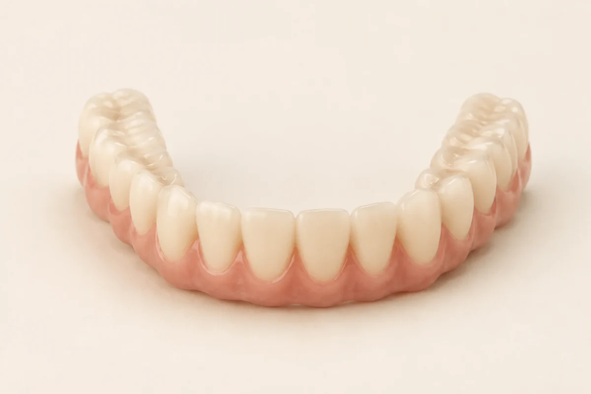 Illustration of a PMMA full-arch bridge with smooth ivory resin teeth and a slim pink base.