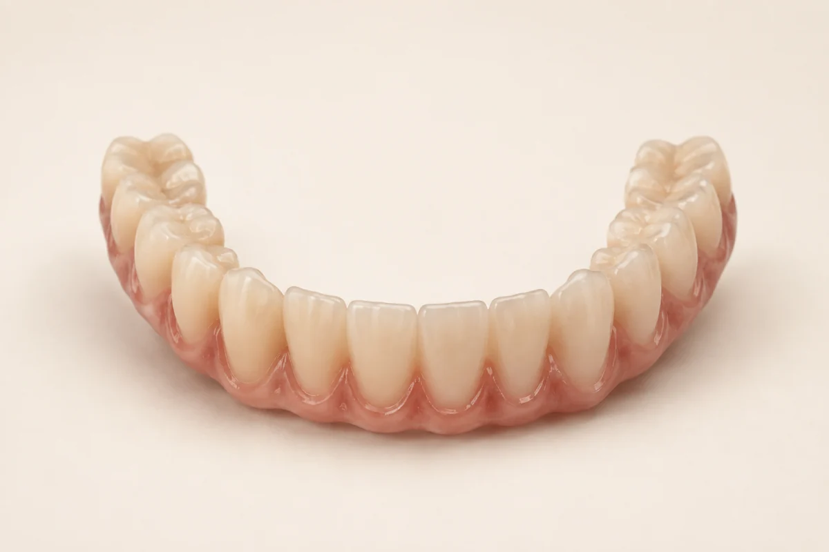 Illustration of a zirconia full-arch bridge with naturally shaded ceramic teeth and a pink ceramic base.